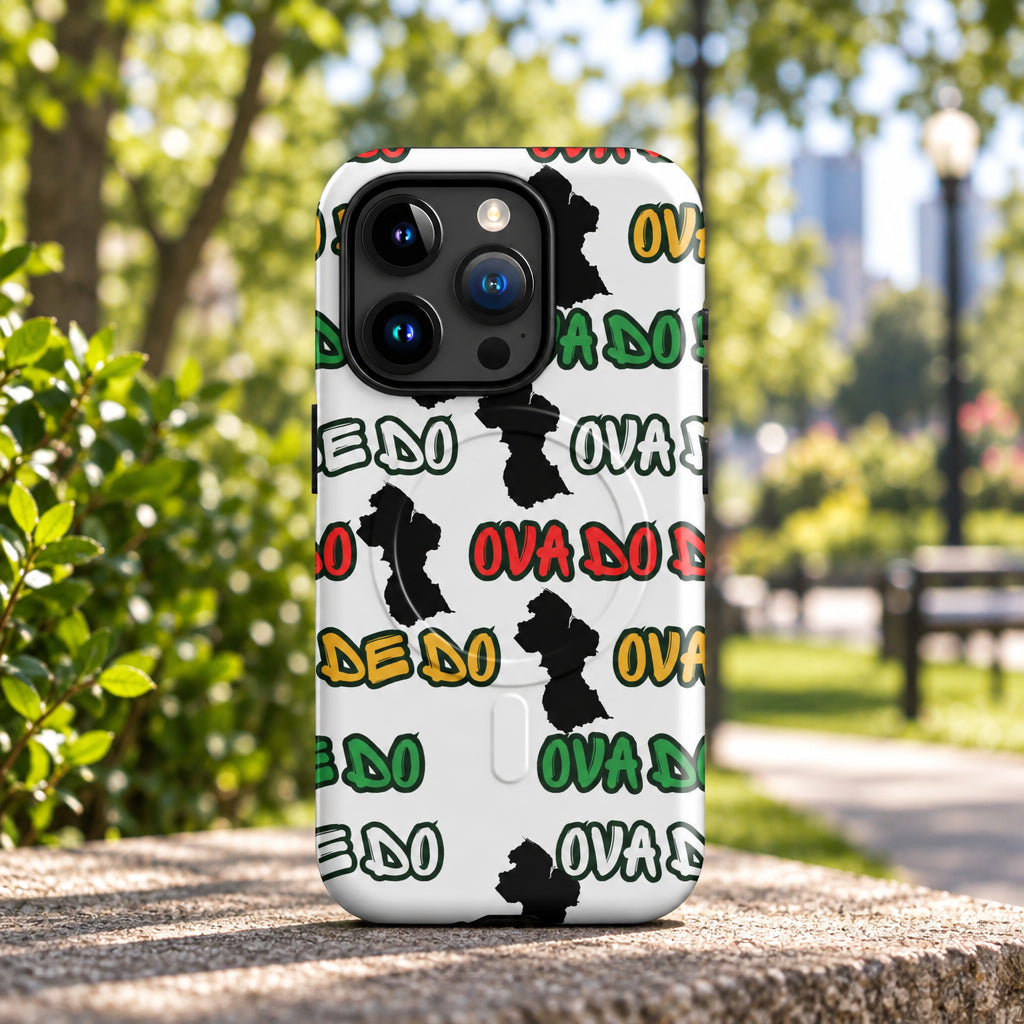 Phone case with colorful text pattern on a white background