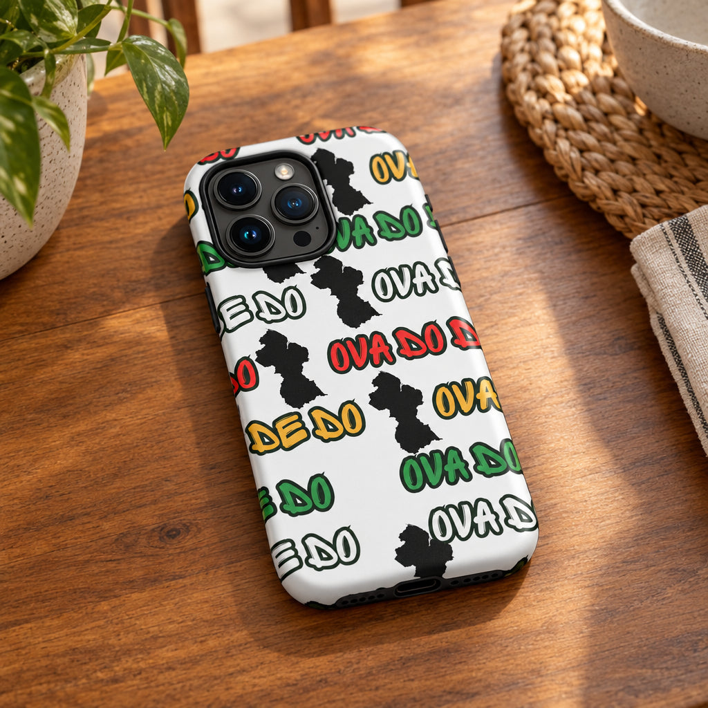 Phone case with colorful text pattern on a white background