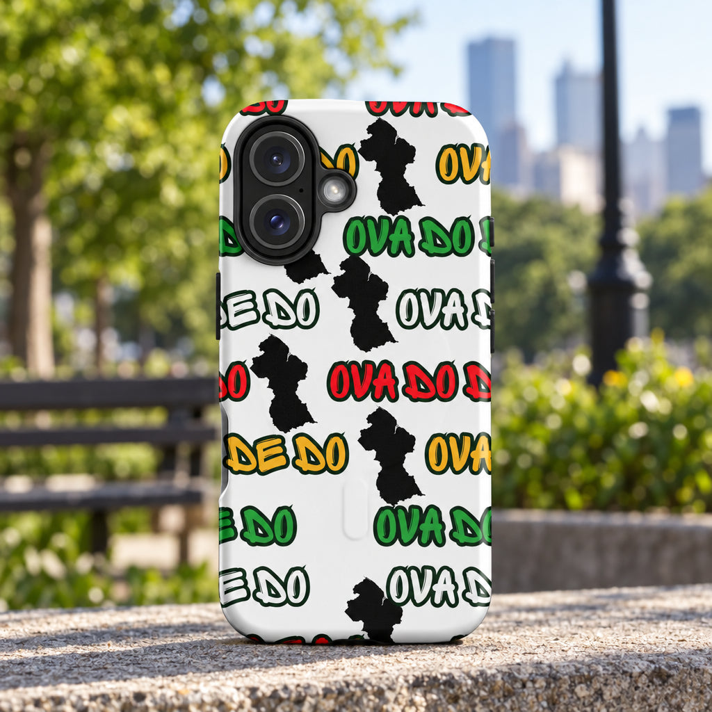 Phone case with colorful text and black shapes on a white background