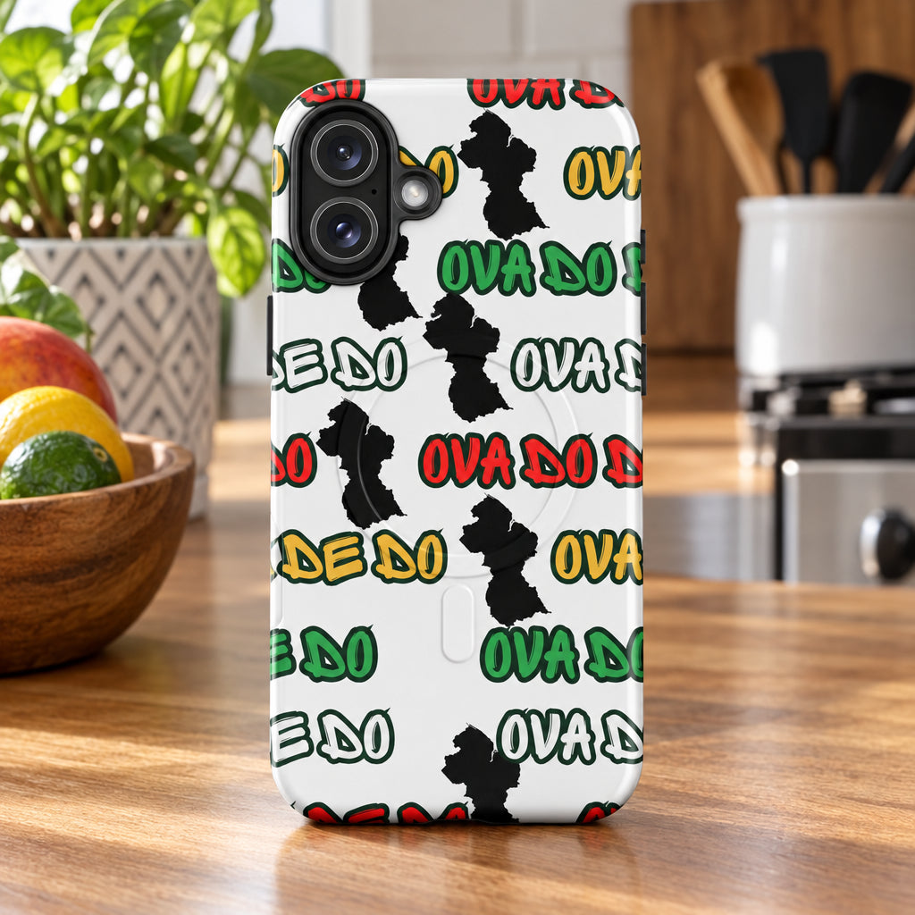 Phone case with 'OVA DO DE DO' pattern on a white background