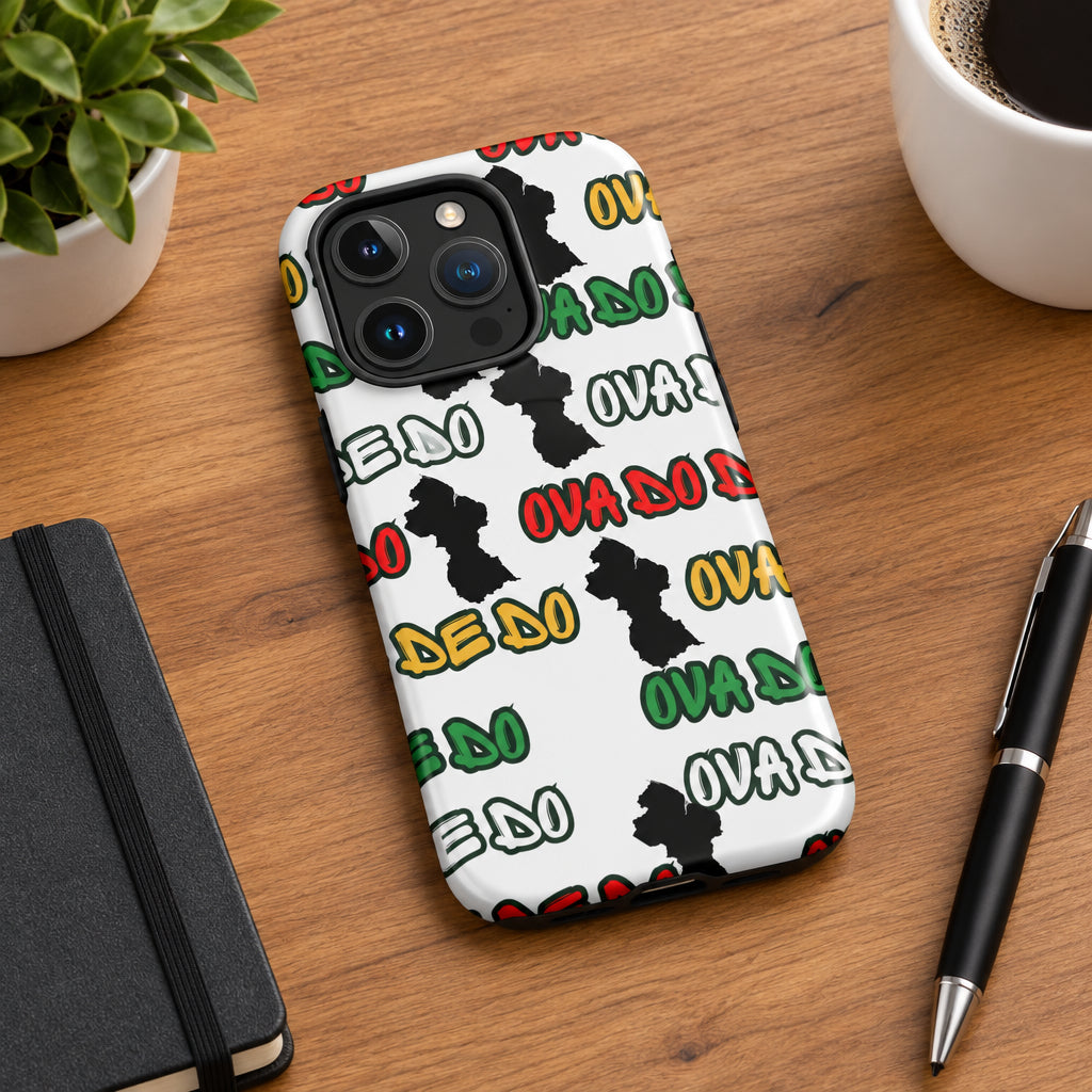 Phone case with colorful text pattern on a white background
