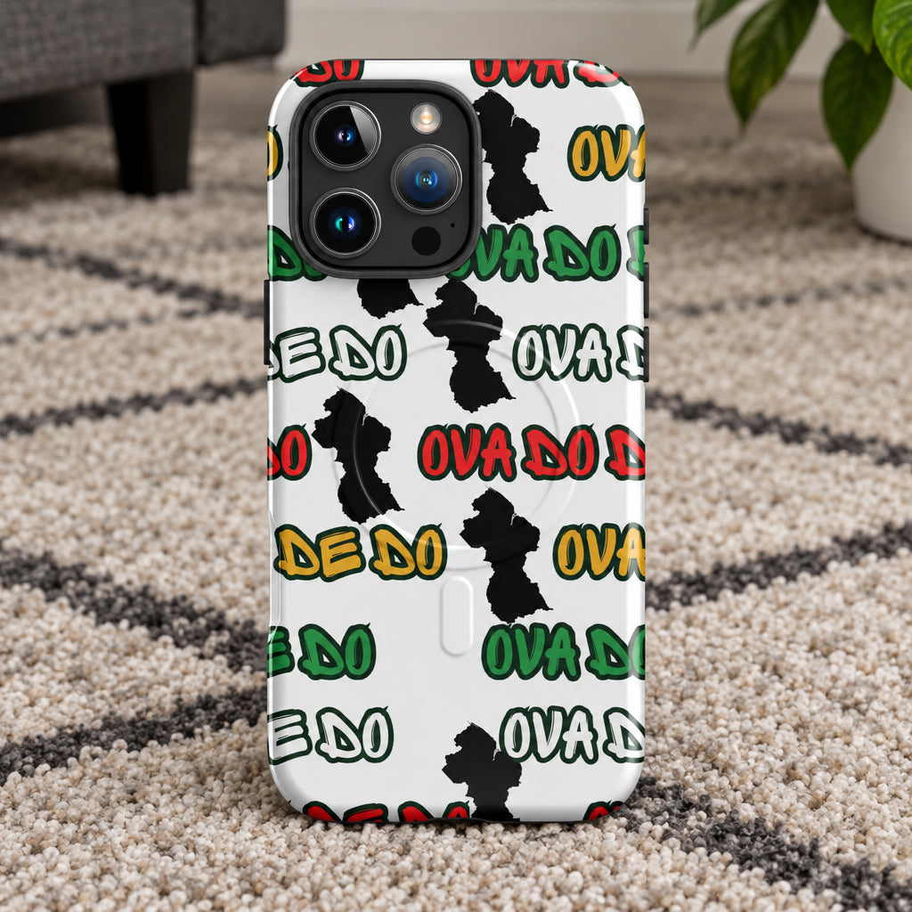 Phone case with colorful text pattern on a white background