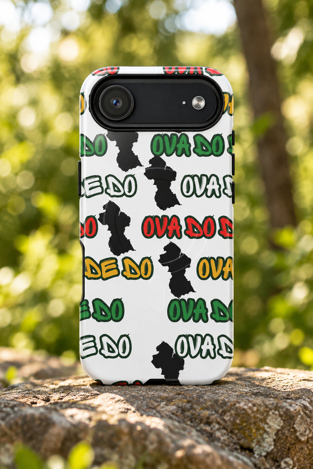 Phone case with colorful text pattern on a white background