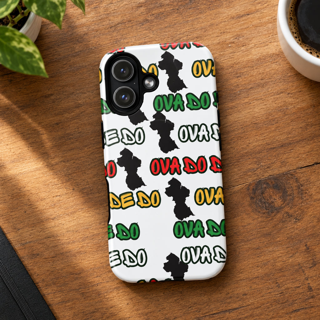 Phone case with colorful text and black shapes on a white background