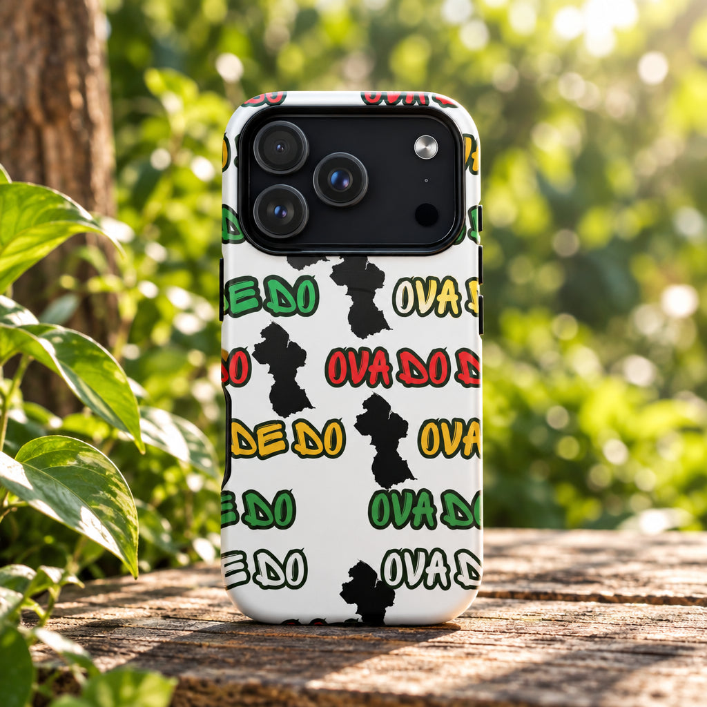 Phone case with text and black silhouette design on a white background