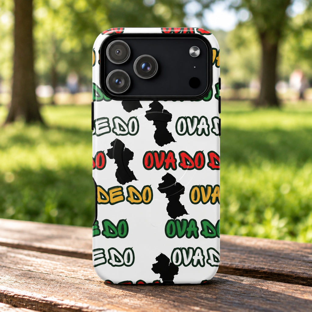 Phone case with colorful text and GUYANA MAP design on a white background