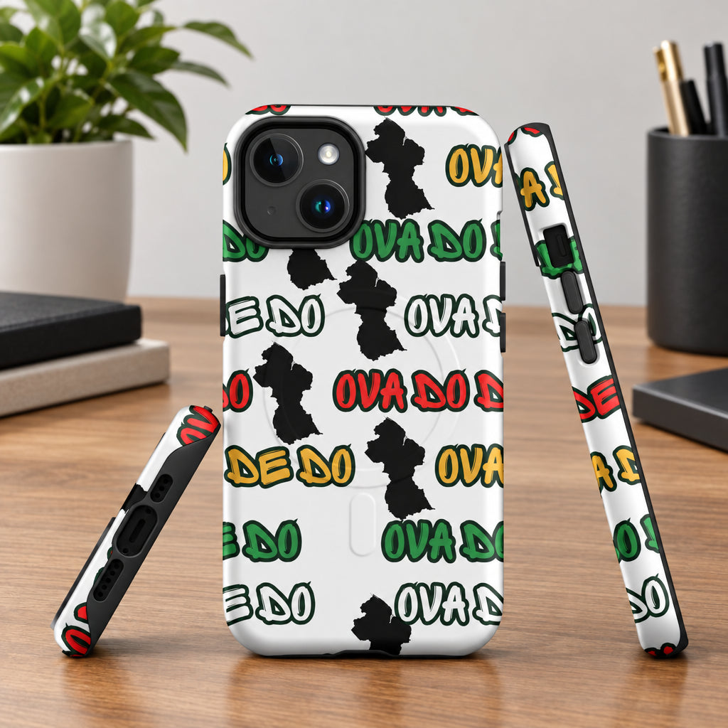 Phone case with colorful text and black shapes on a white background