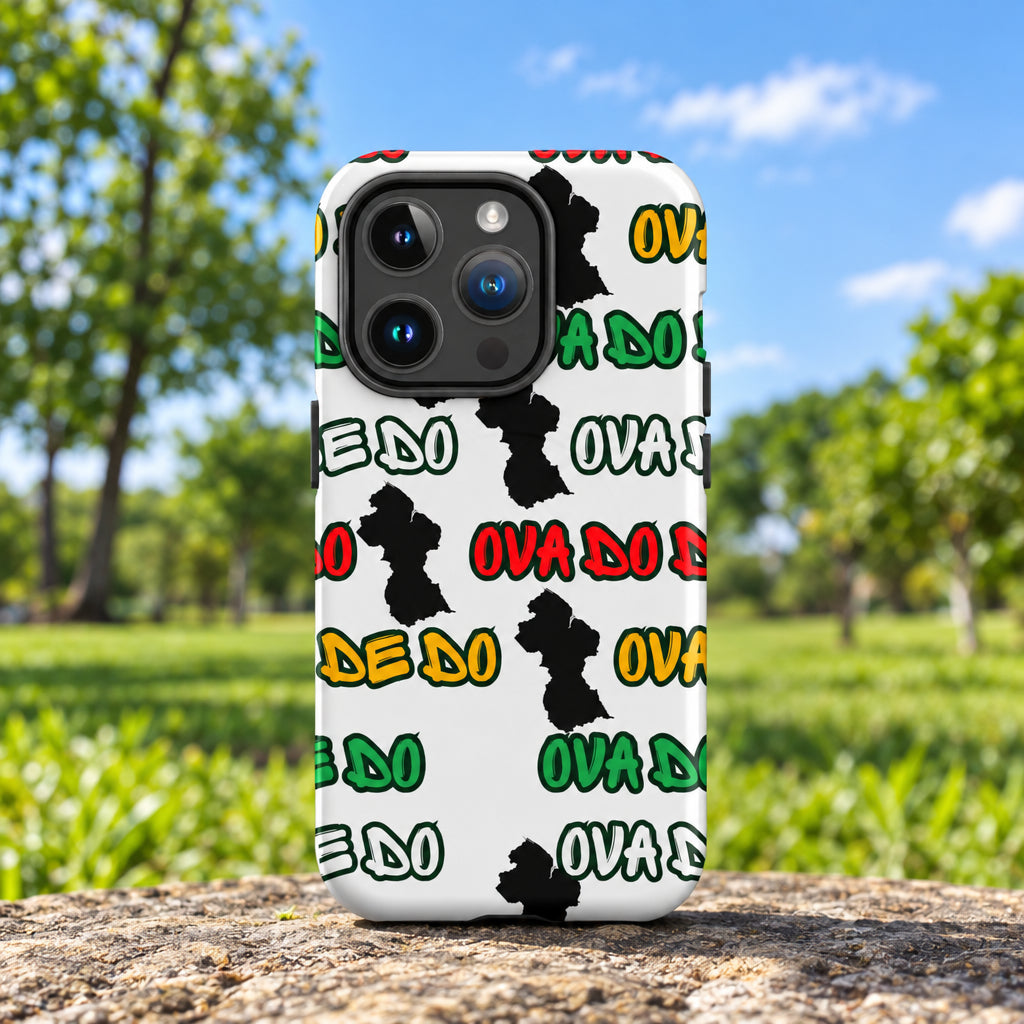 Phone case with black  print and colorful text on a white background