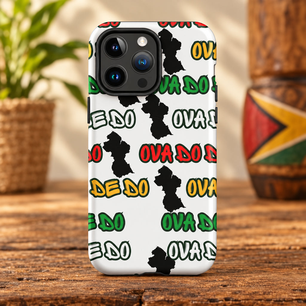 Phone case with colorful text pattern on a white background