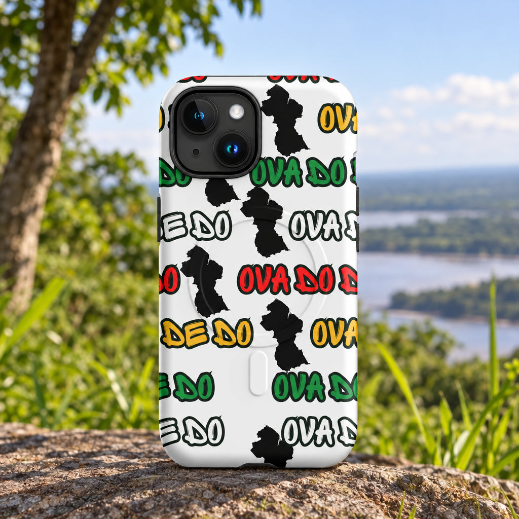 Phone case with colorful text and black shapes on a white background