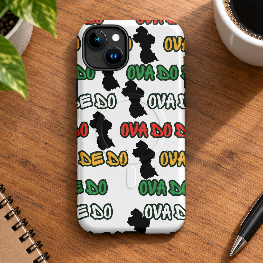 Phone case with black silhouette design and colorful text on a white background