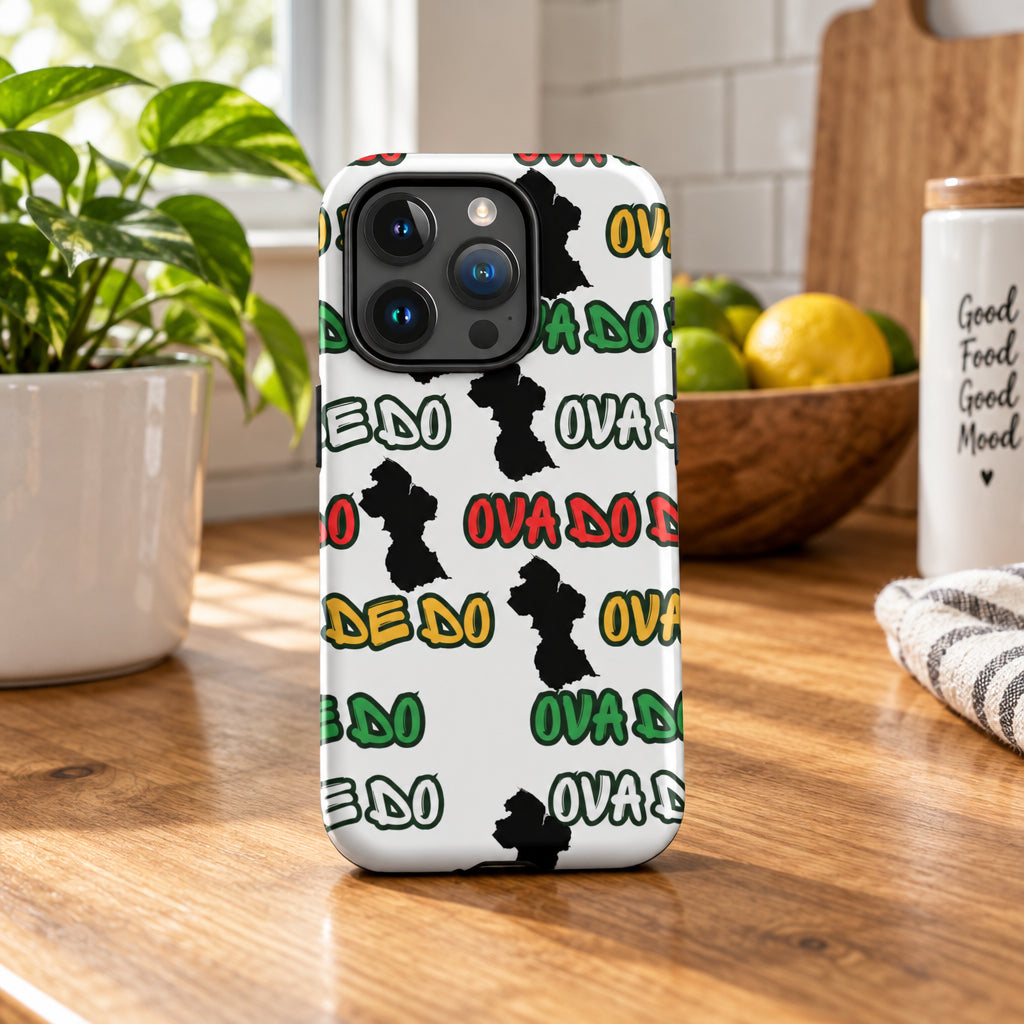 Phone case with colorful text pattern on a white background