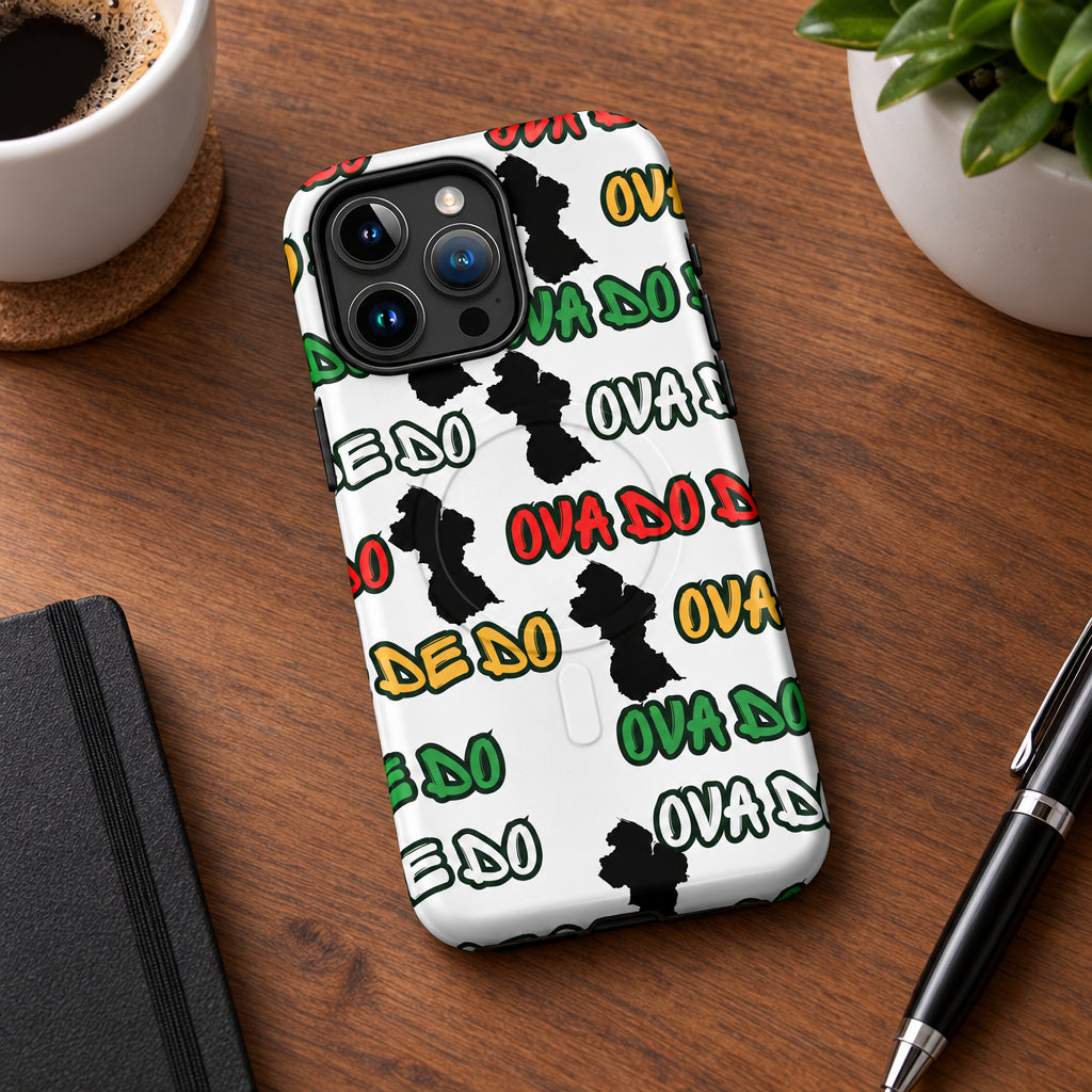Phone case with colorful text pattern on a white background