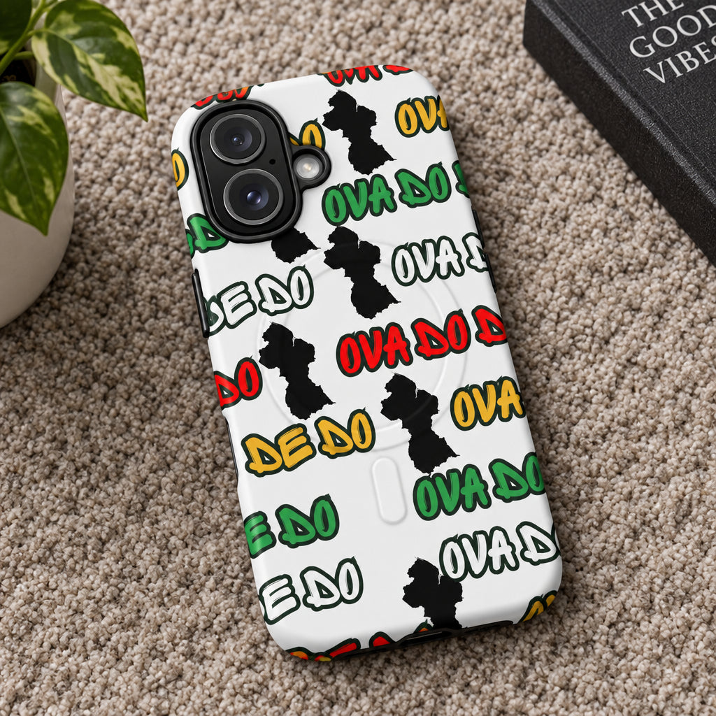 Phone case with colorful text and black shapes on a white background