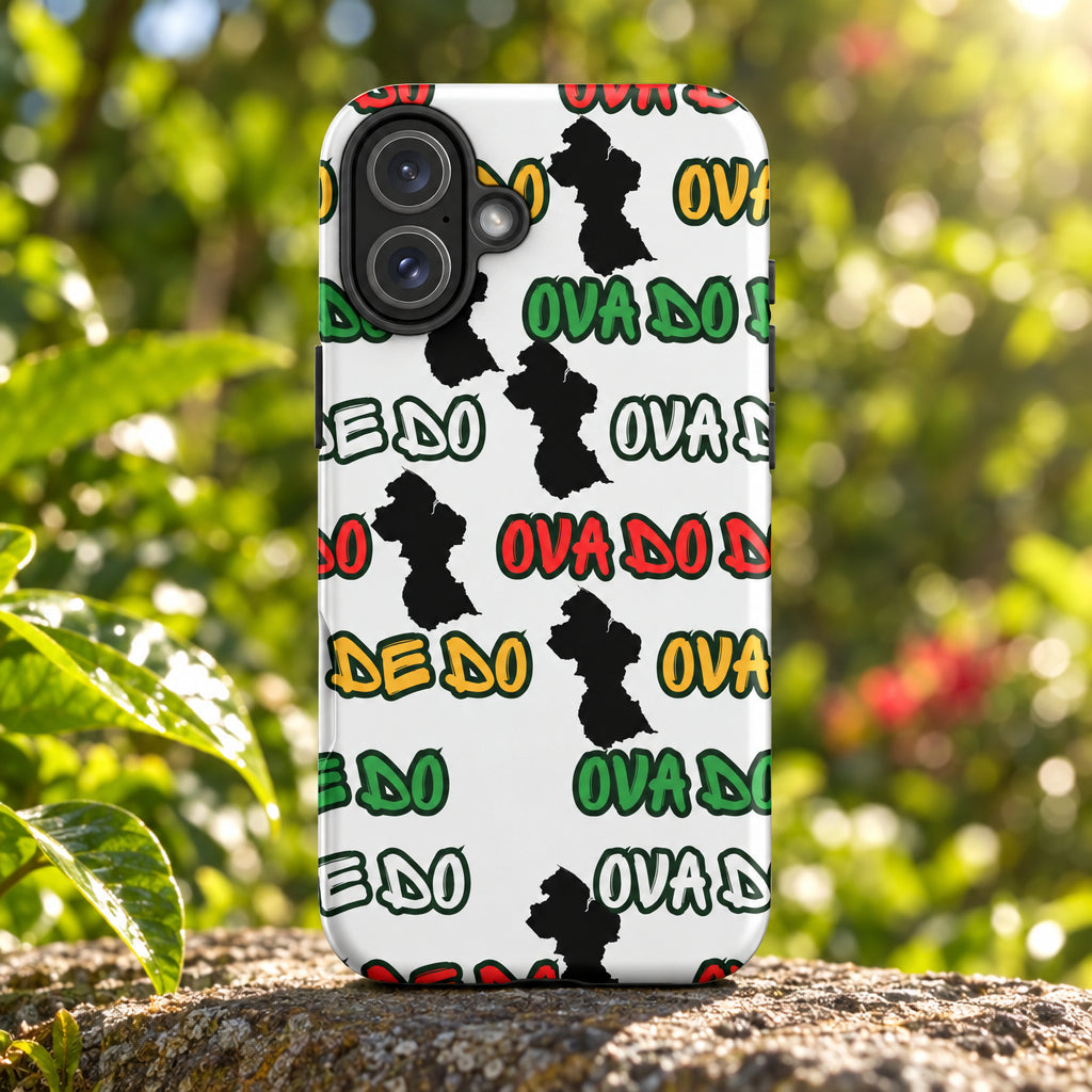 Phone case with colorful text and black silhouette design on a white background
