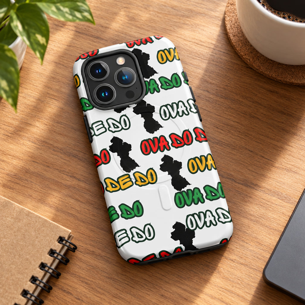 Phone case with colorful text pattern on a white background
