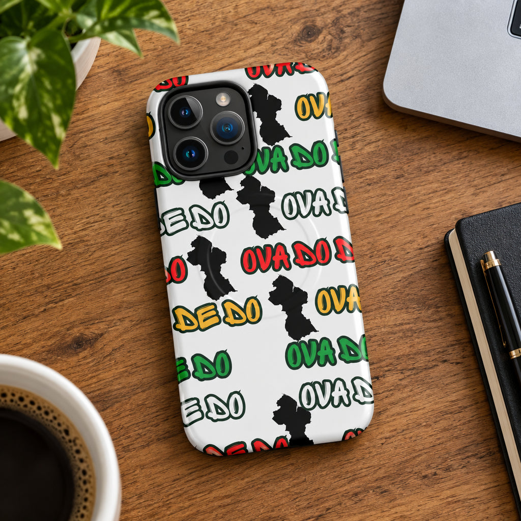 Phone case with colorful text and black silhouette design on a white background