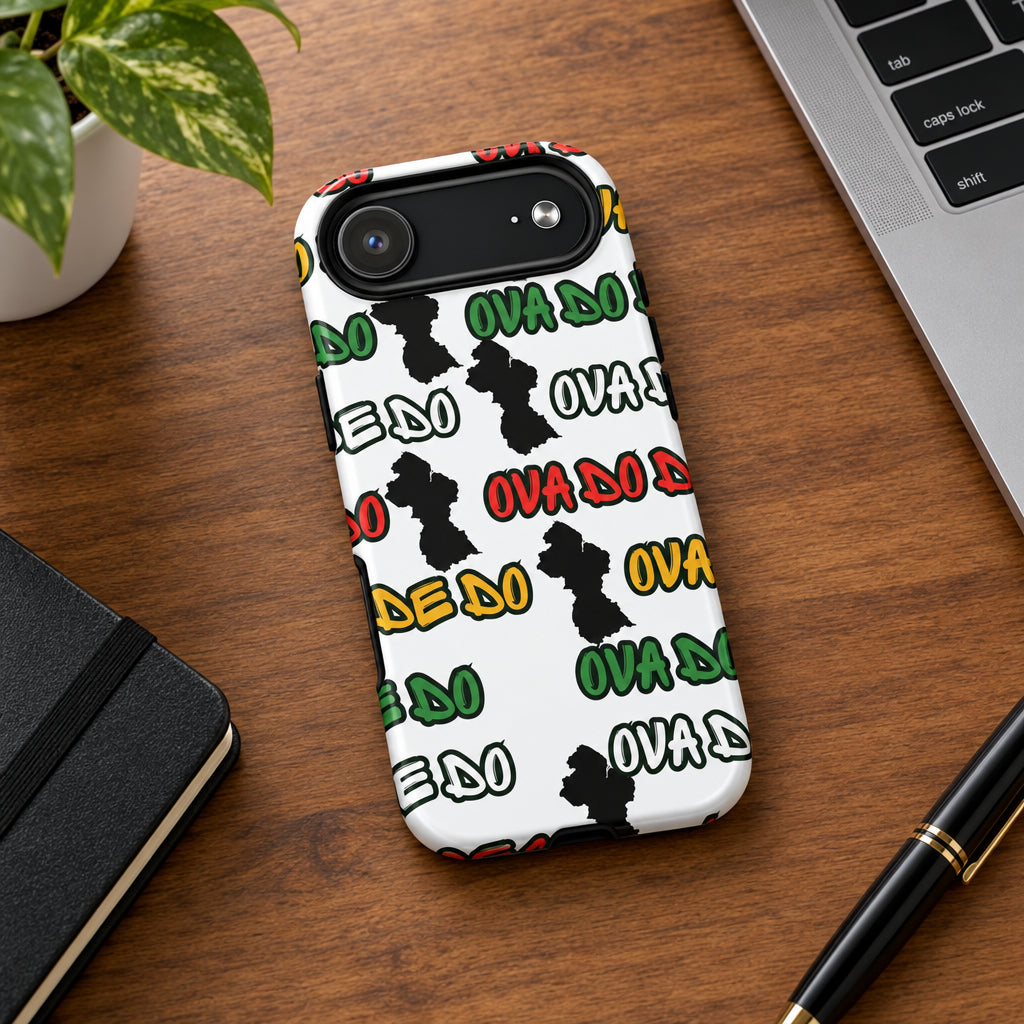 Phone case with 'OVA DO DE DO' pattern on a white background