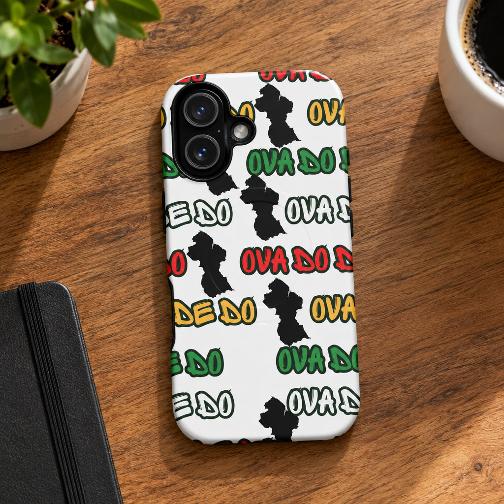 Phone case with colorful text and black shapes on a white background