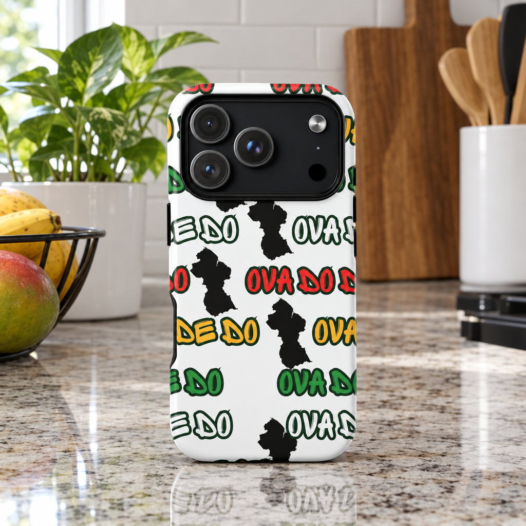 Phone case with colorful text and black silhouette design on a white background