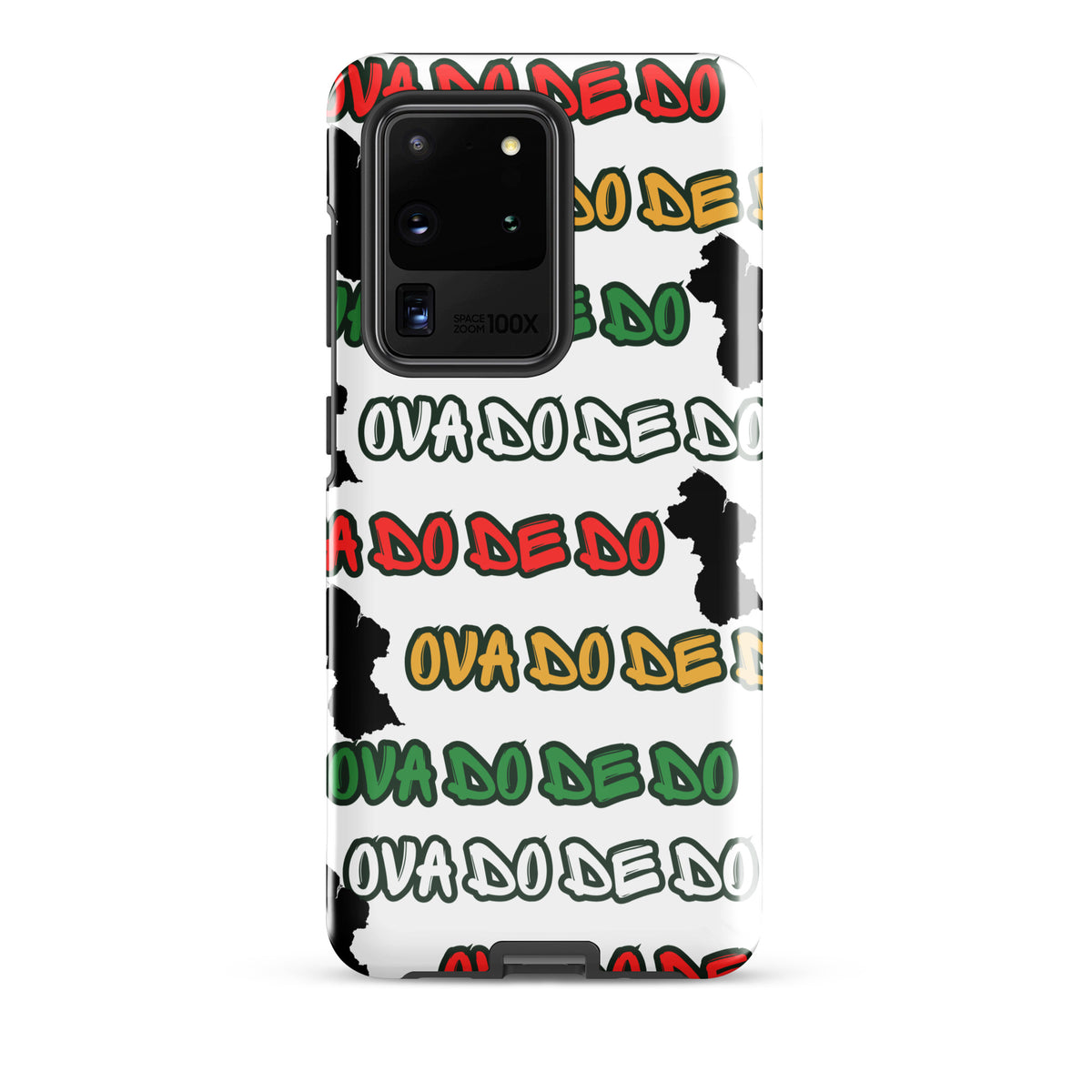 A white Samsung Galaxy phone case featuring a repeating graphic pattern of the text 'OVA DO DE DO' in red, yellow, and green, interspersed with black silhouette Guyana Map shapes, shown on a plain white background.