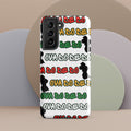 A white Samsung Galaxy phone case featuring a repeating graphic pattern of the phrase 'Ova do de do' in red, yellow, and green, interspersed with black silhouette graphics of the Republic of Guyana
