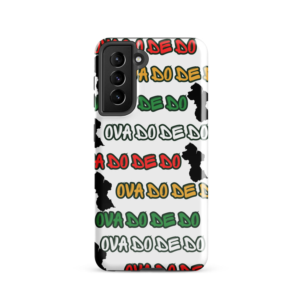 A white Samsung Galaxy phone case featuring a repeating graphic pattern of the phrase 'Ova do de do' in red, yellow, and green, interspersed with black silhouette graphics of the Republic of Guyana.