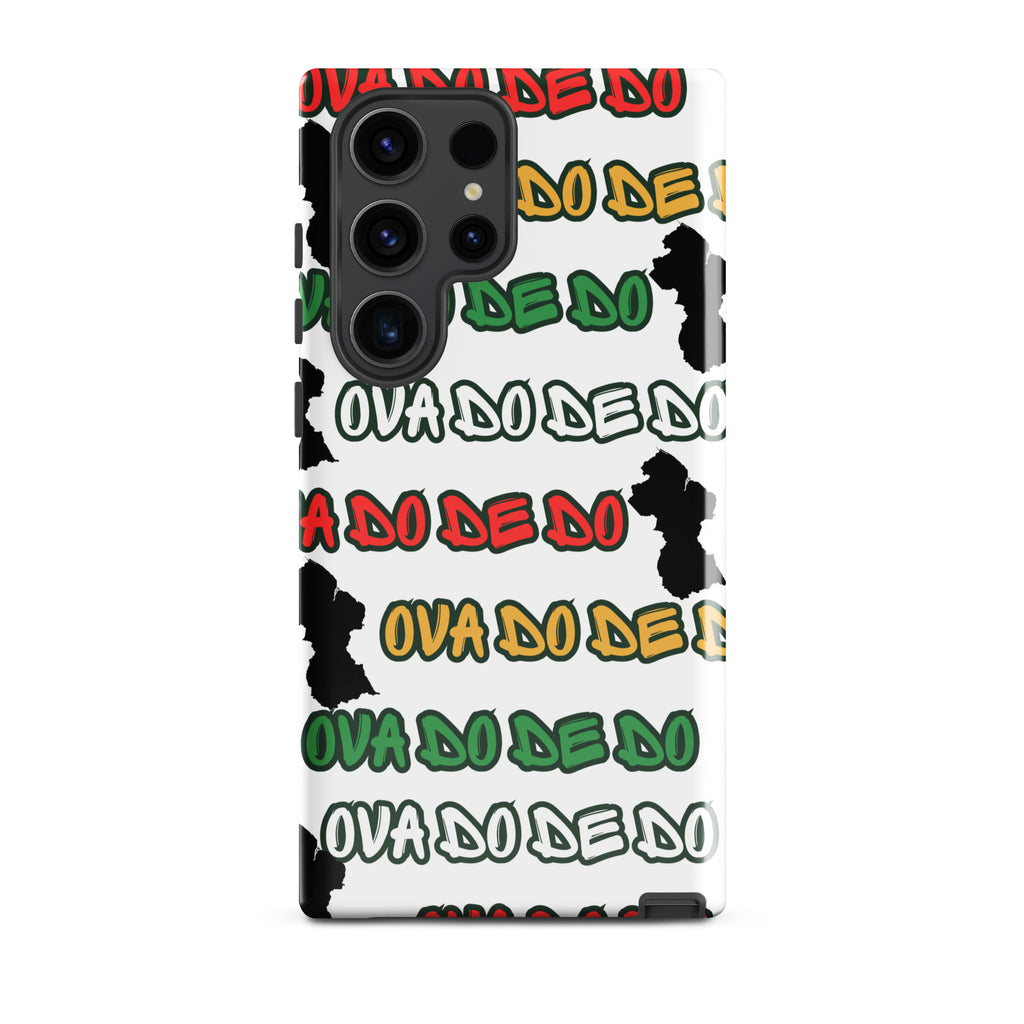 A white Samsung Galaxy phone case featuring a repeating graphic pattern of the phrase 'Ova do de do' in red, yellow, and green, interspersed with black silhouette graphics of the Republic of Guyana