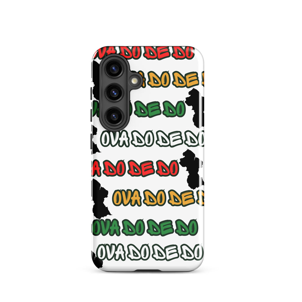 A white Samsung Galaxy phone case featuring a repeating graphic pattern of the phrase 'Ova do de do' in red, yellow, and green, interspersed with black silhouette graphics of the Republic of Guyana
