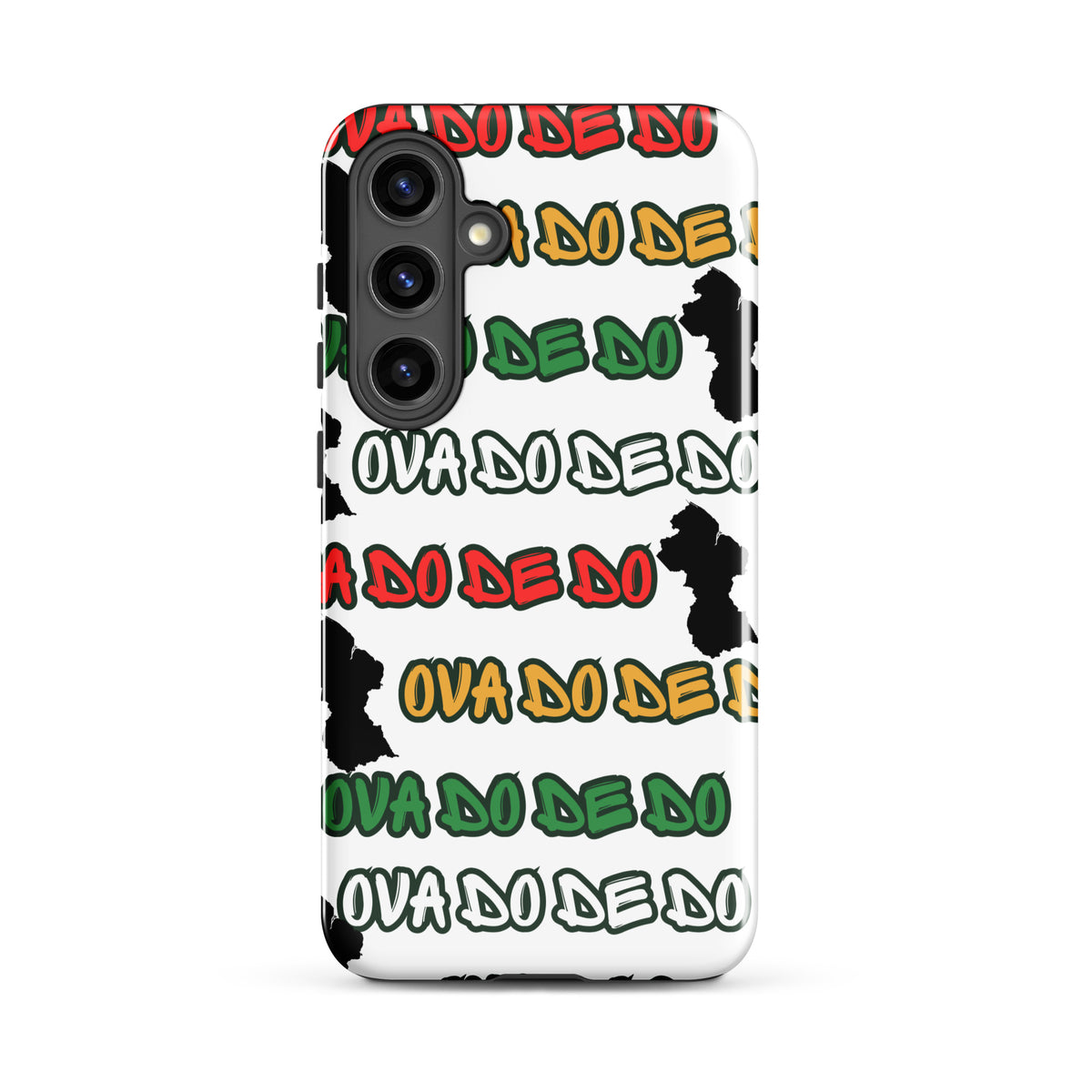 A white Samsung Galaxy phone case featuring a repeating graphic pattern of the phrase 'Ova do de do' in red, yellow, and green, interspersed with black silhouette graphics of the Republic of Guyana