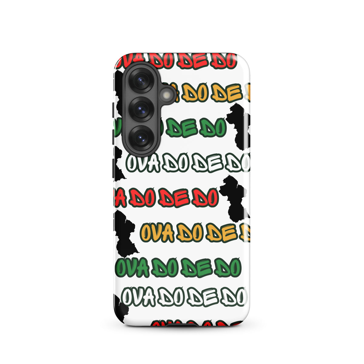 A white Samsung Galaxy phone case featuring a repeating graphic pattern of the phrase 'Ova do de do' in red, yellow, and green, interspersed with black silhouette graphics of the Republic of Guyana