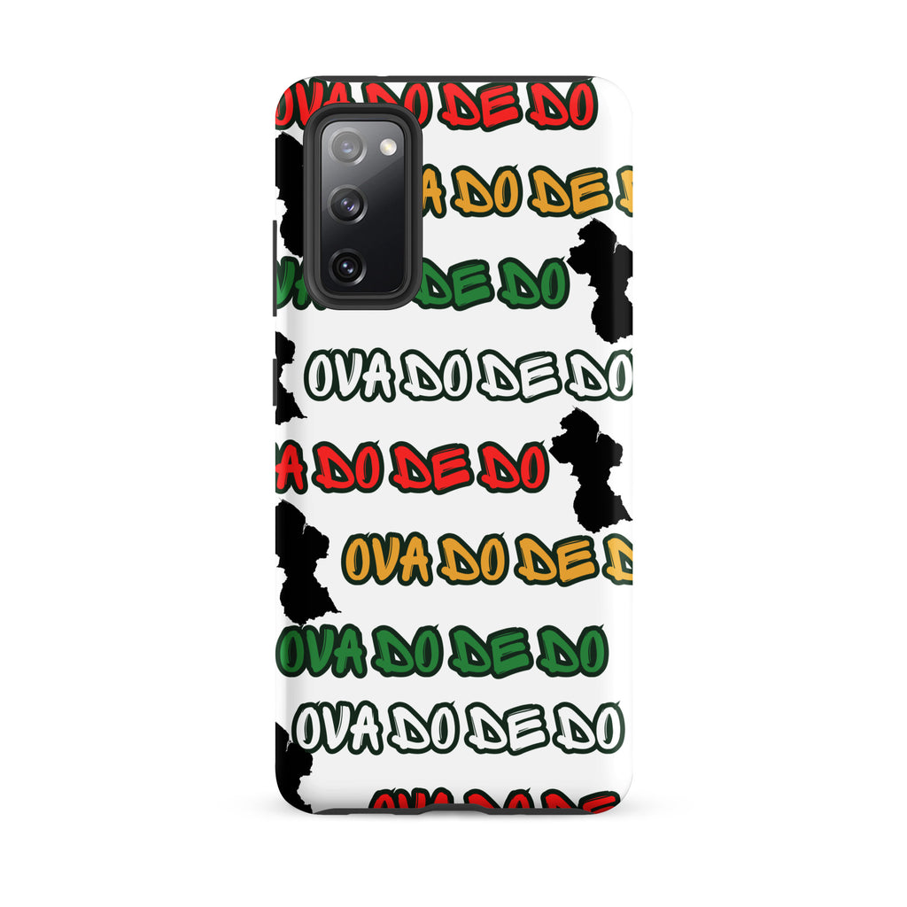 A white Samsung Galaxy phone case featuring a repeating graphic pattern of the text 'OVA DO DE DO' in red, yellow, and green, interspersed with black silhouette Guyana Map shapes, shown on a plain white background.