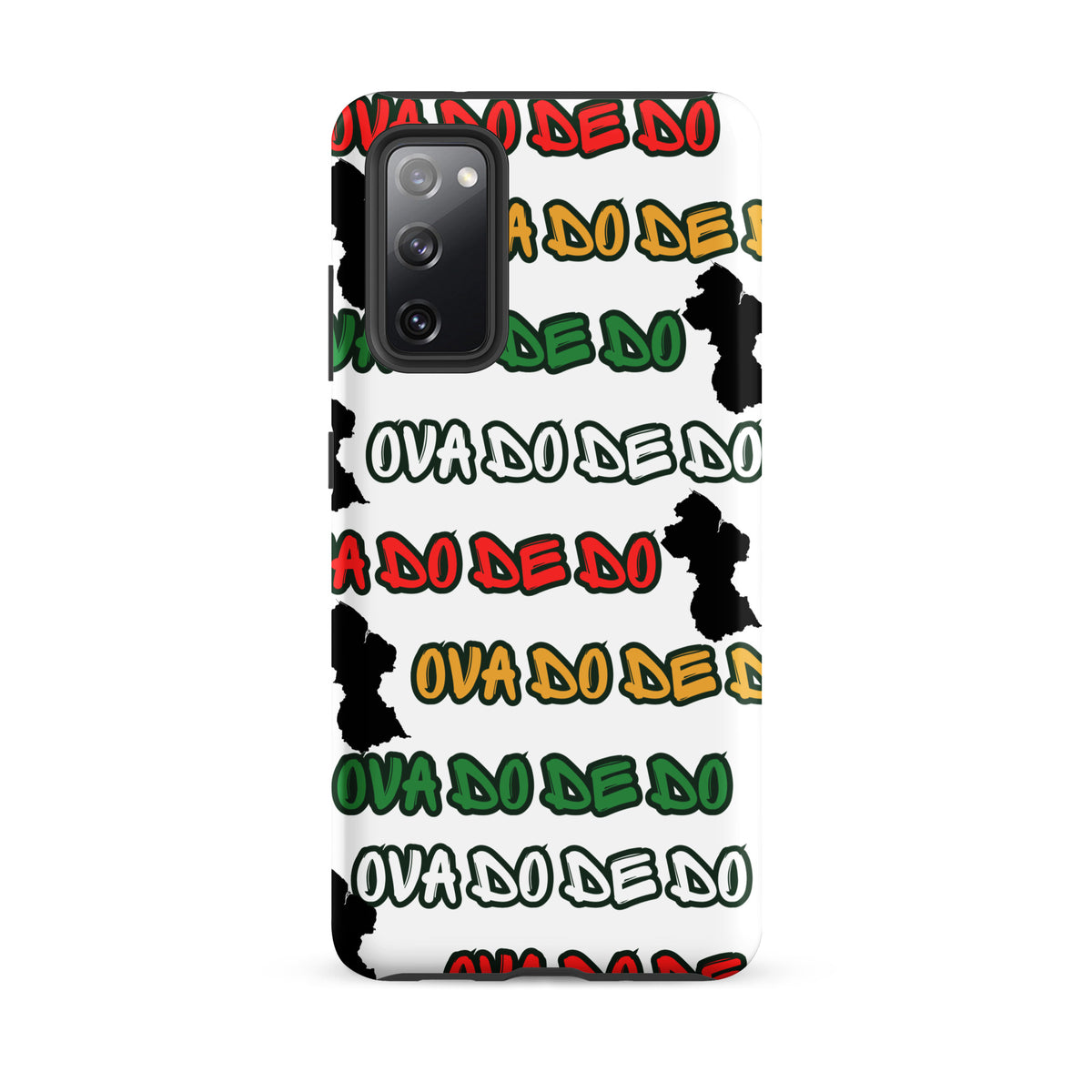 A white Samsung Galaxy phone case featuring a repeating graphic pattern of the text 'OVA DO DE DO' in red, yellow, and green, interspersed with black silhouette Guyana Map shapes, shown on a plain white background.
