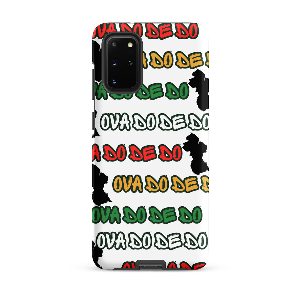 A white Samsung Galaxy phone case featuring a repeating graphic pattern of the text 'OVA DO DE DO' in red, yellow, and green, interspersed with black silhouette Guyana Map shapes, shown on a plain white background.