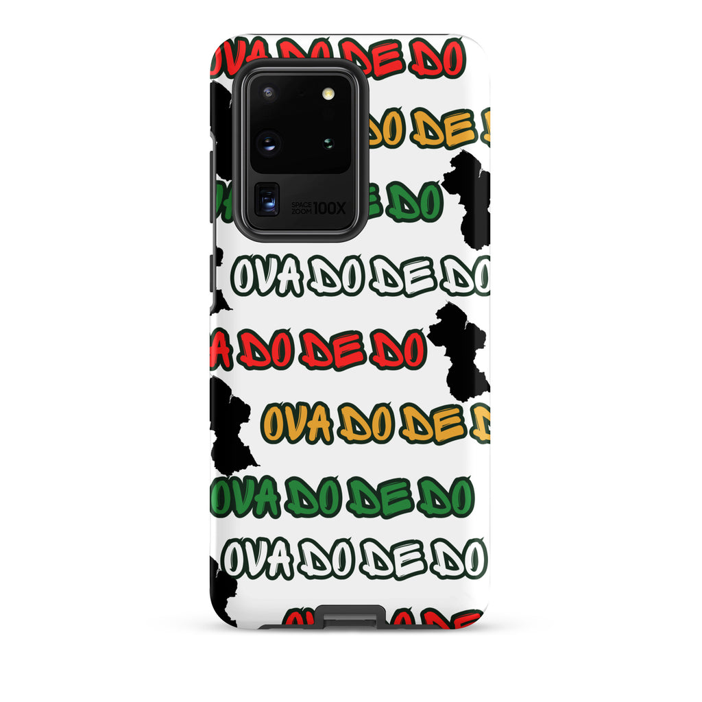 A white Samsung Galaxy phone case featuring a repeating graphic pattern of the text 'OVA DO DE DO' in red, yellow, and green, interspersed with black silhouette Guyana Map shapes, shown on a plain white background.