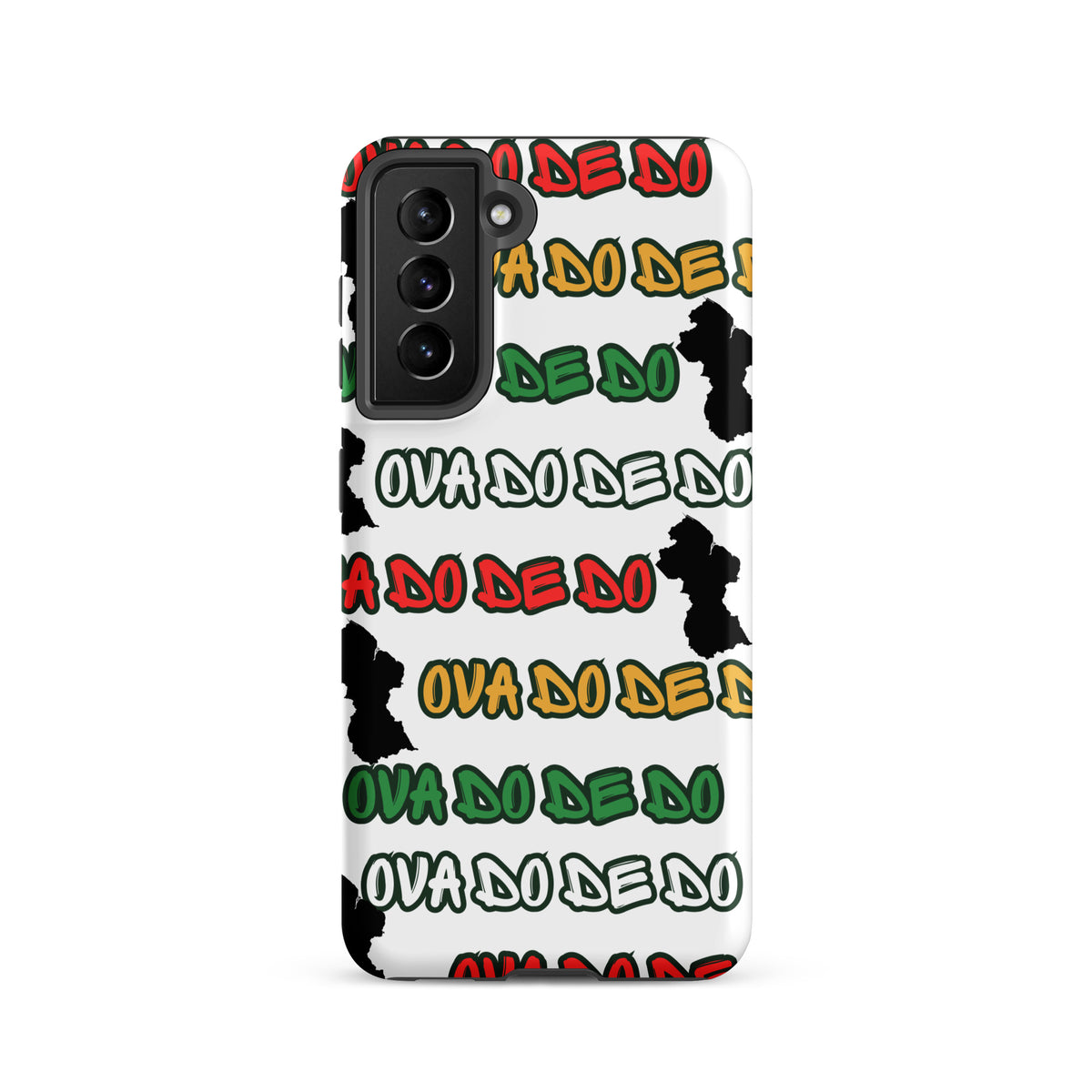 A white Samsung Galaxy phone case featuring a repeating graphic pattern of the phrase 'Ova do de do' in red, yellow, and green, interspersed with black silhouette graphics of the Republic of Guyana
