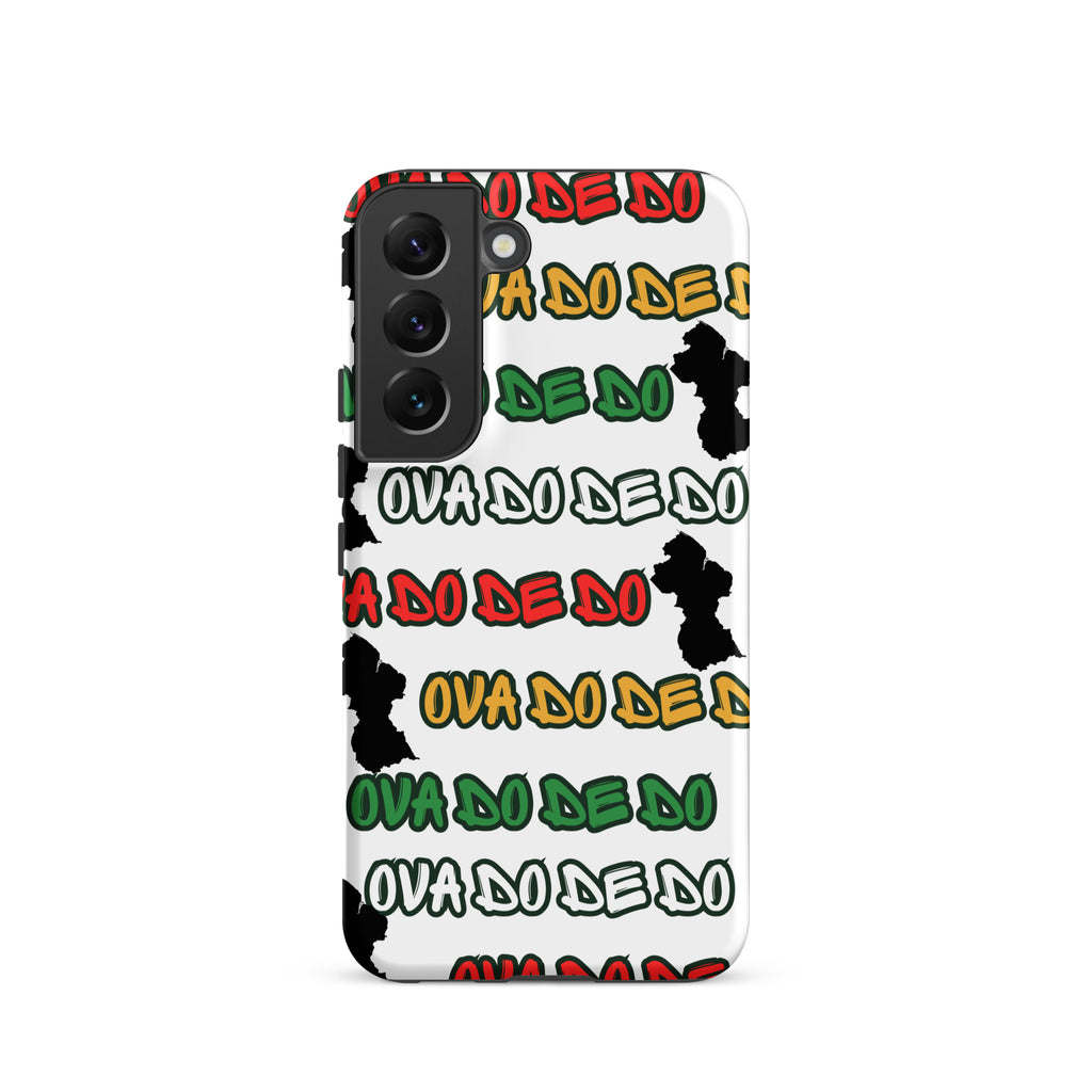A white Samsung Galaxy phone case featuring a repeating graphic pattern of the phrase 'Ova do de do' in red, yellow, and green, interspersed with black silhouette graphics of the Republic of Guyana