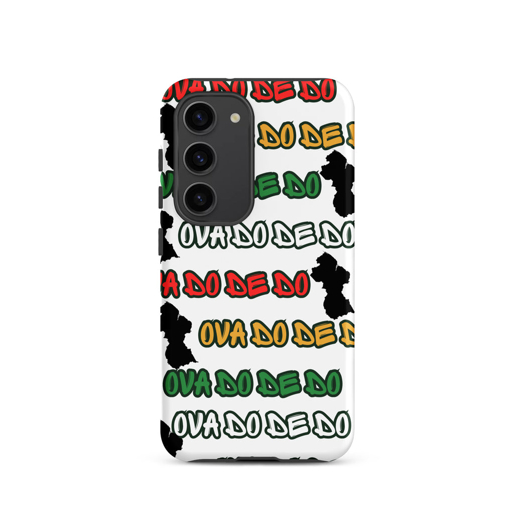 A white Samsung Galaxy phone case featuring a repeating graphic pattern of the phrase 'Ova do de do' in red, yellow, and green, interspersed with black silhouette graphics of the Republic of Guyana