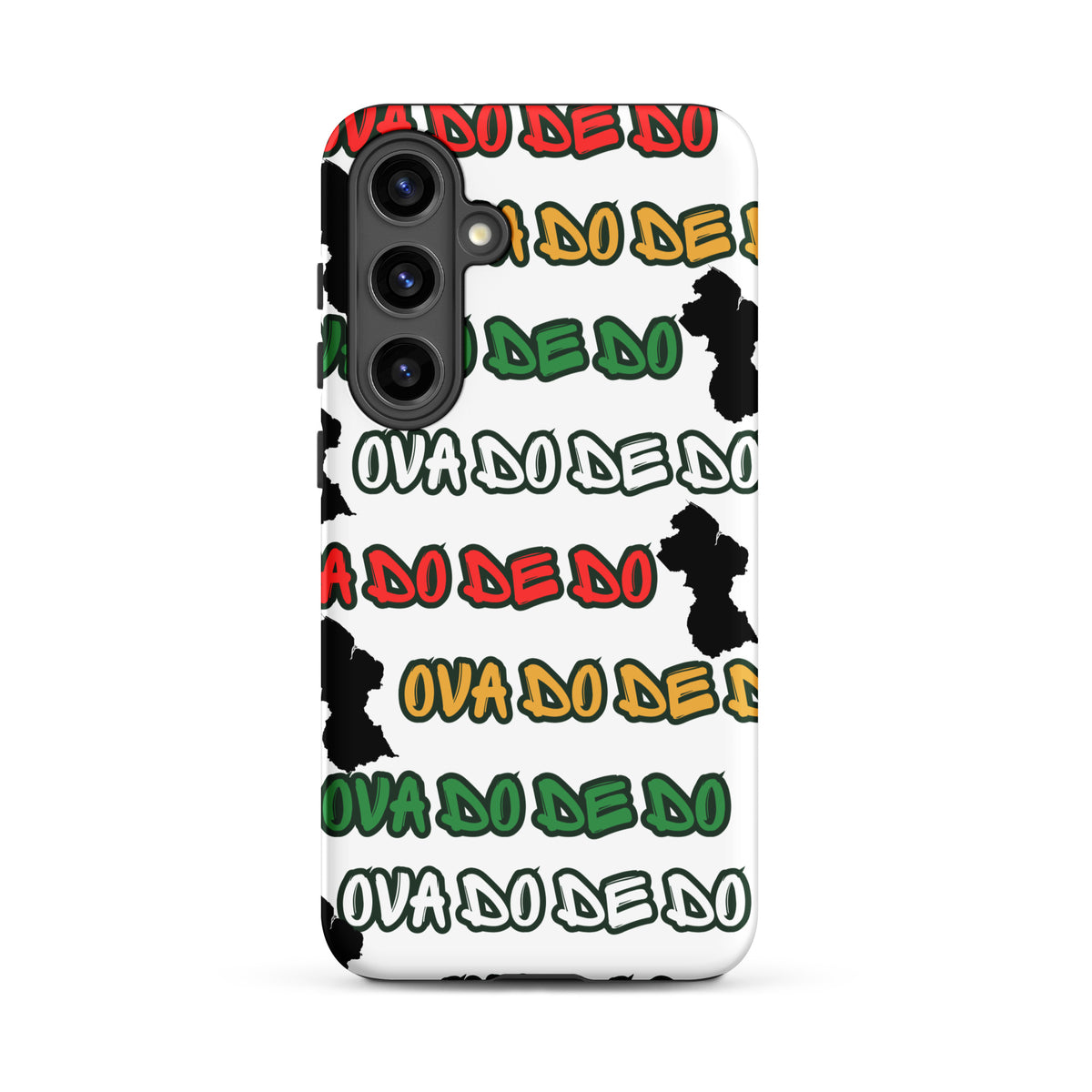 A white Samsung Galaxy phone case featuring a repeating graphic pattern of the phrase 'Ova do de do' in red, yellow, and green, interspersed with black silhouette graphics of the Republic of Guyana