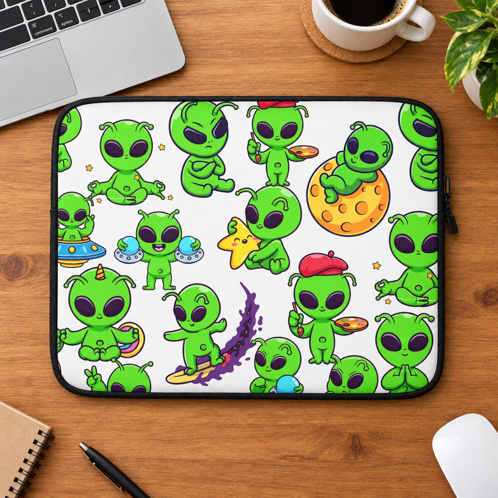 Laptop sleeve with cartoon green aliens on a white background