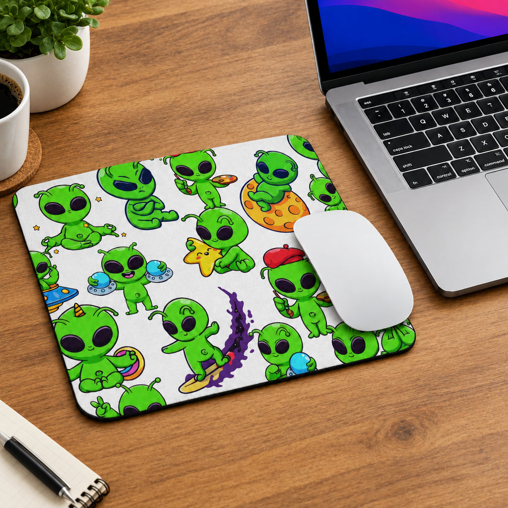 Mouse pad with green alien design on a white background