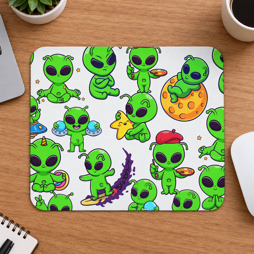 Pattern of cartoon green aliens on a white background
