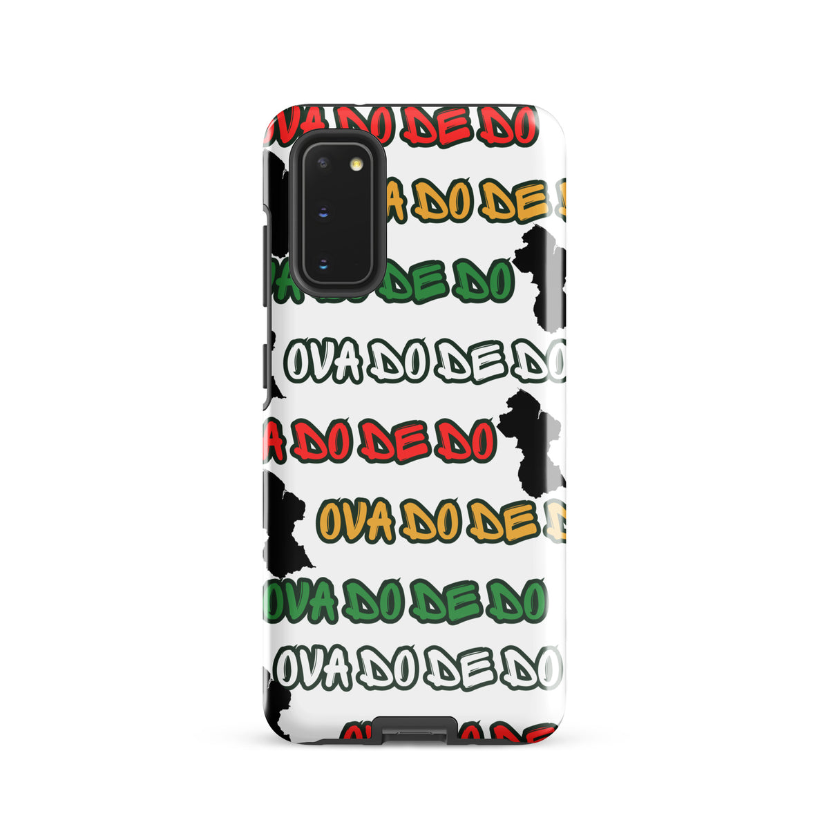 A white Samsung Galaxy phone case featuring a repeating graphic pattern of the text 'OVA DO DE DO' in red, yellow, and green, interspersed with black silhouette Guyana Map shapes, shown on a plain white background.