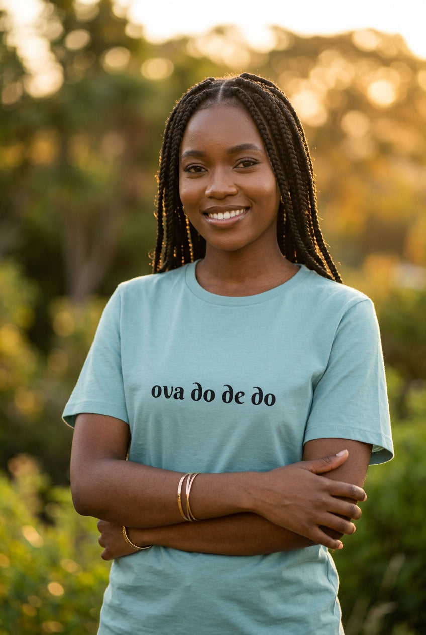 Light blue t-shirt with a 'ova do de do' text on a white background