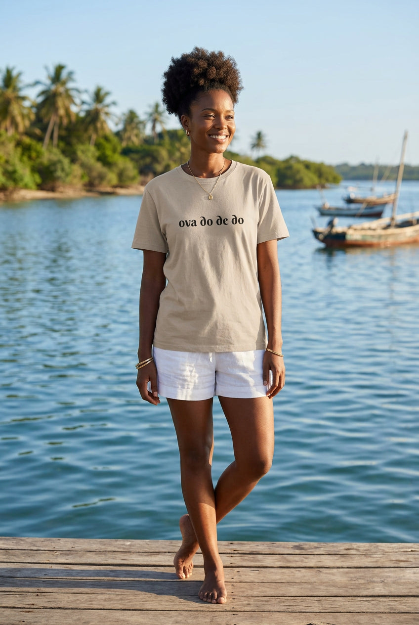 Beige t-shirt with 'ova do de do' text on a white background