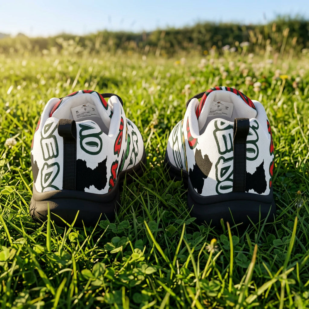 Pair of white sneakers with black, red, and green design on a white background