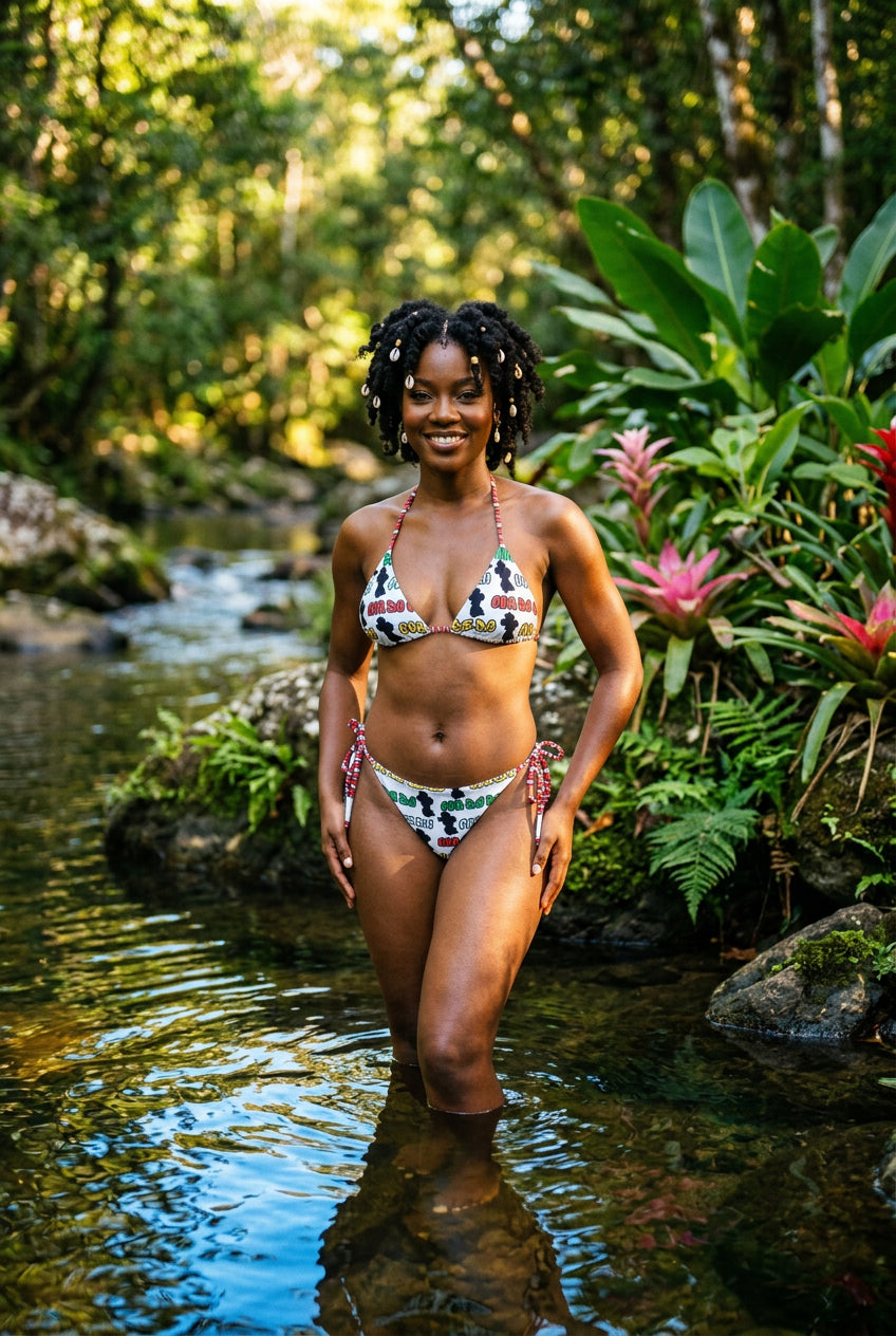 A two-piece string bikini set on a plain white background. The top is triangle-shaped with halter ties, and the bottom is a thong-style bikini bottom with side ties.