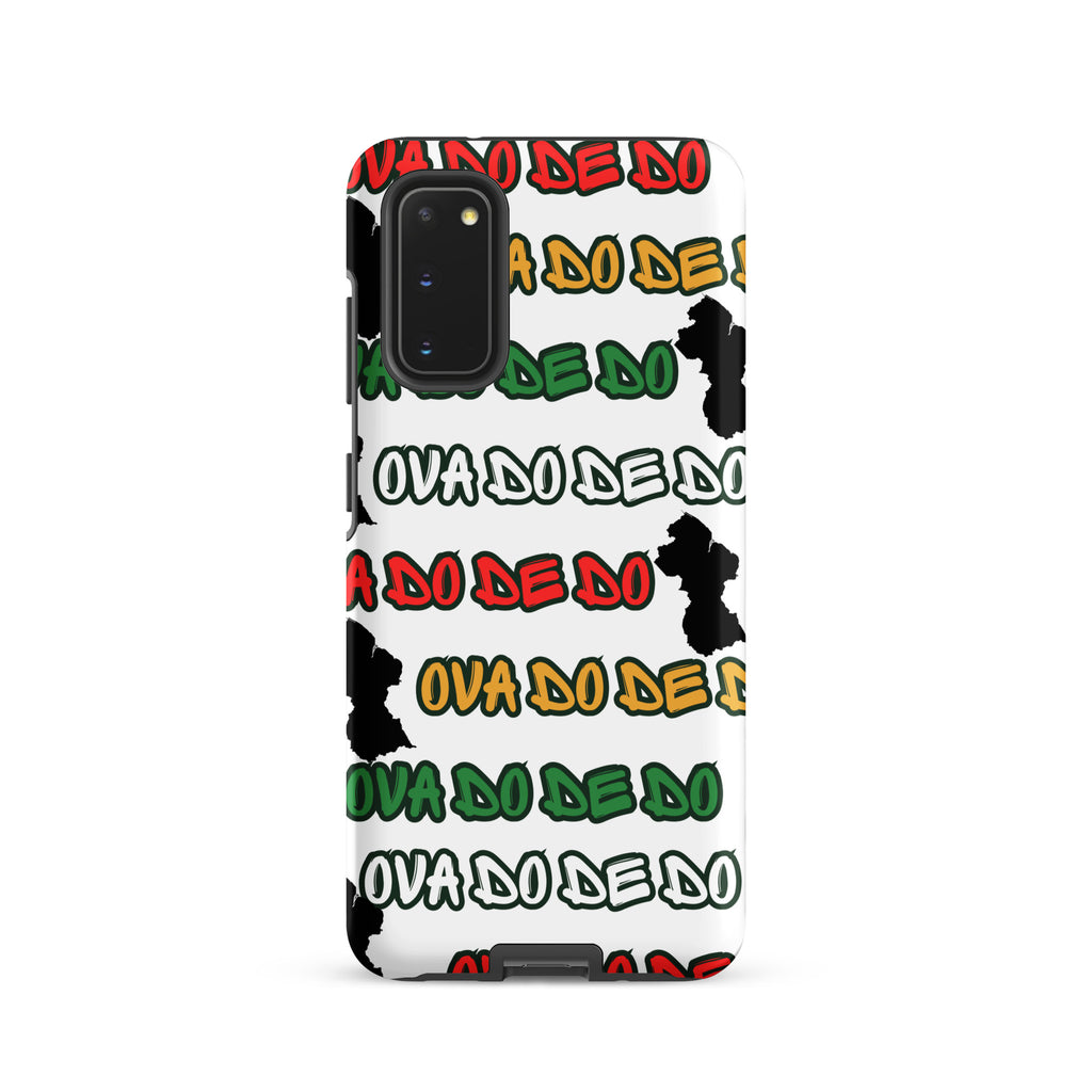 A white Samsung Galaxy phone case featuring a repeating graphic pattern of the text 'OVA DO DE DO' in red, yellow, and green, interspersed with black silhouette Guyana Map shapes, shown on a plain white background.