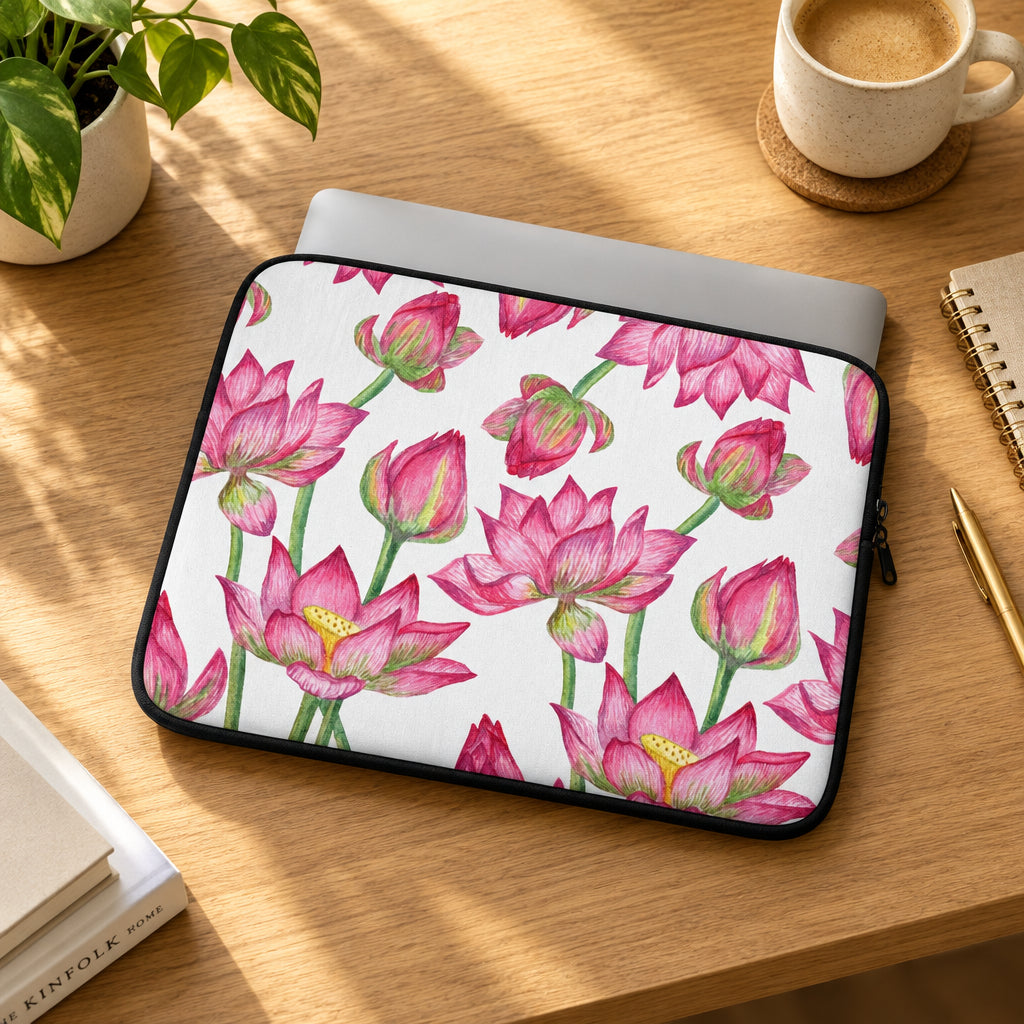 Laptop sleeve with pink lotus flower pattern on a white background