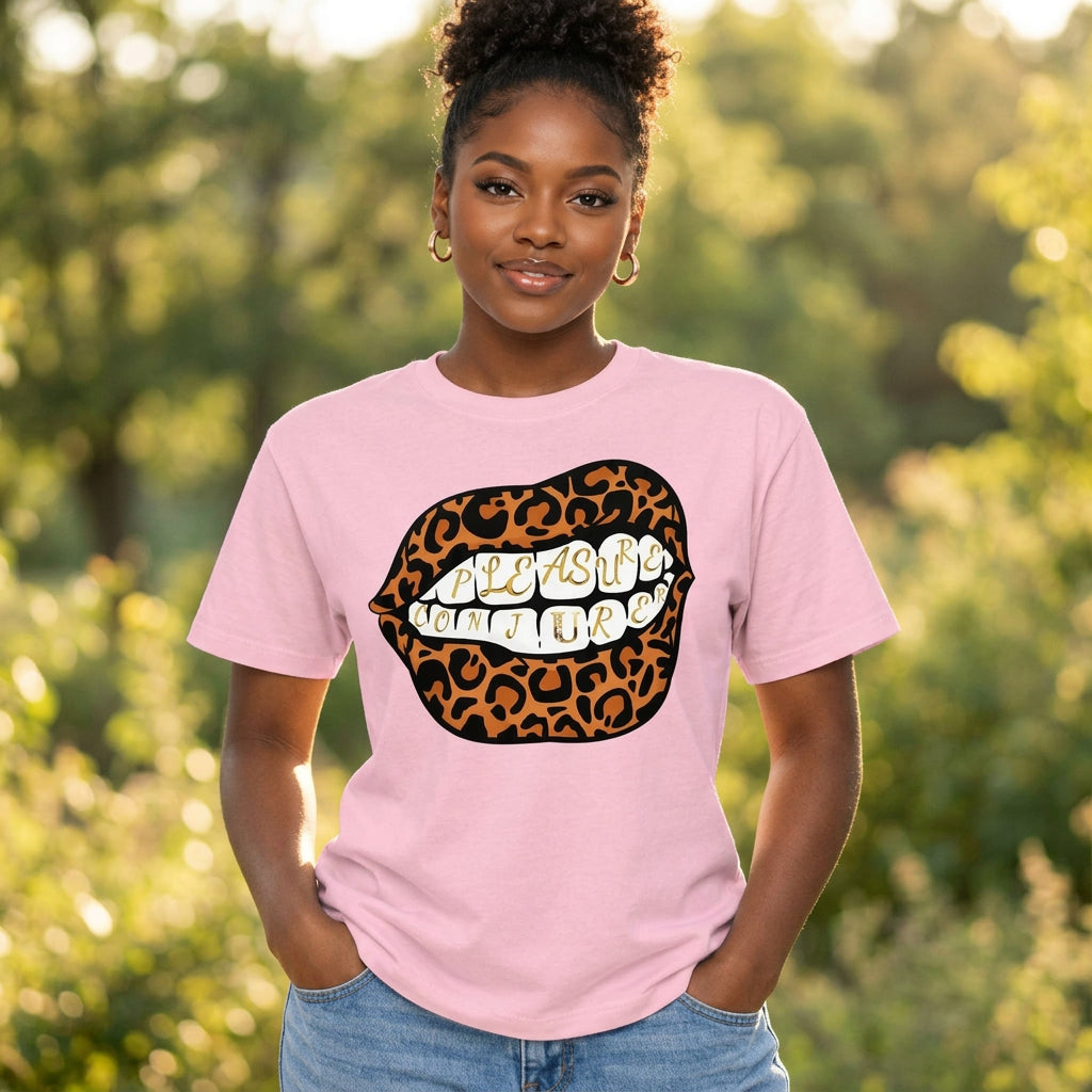 Pink t-shirt with leopard print lips graphic and text on a white background